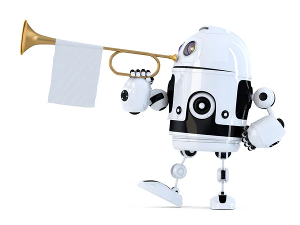 Robot segura trompete com bandeira branca em branco. Ilustração 3D. Isol. — Fotografia de Stock