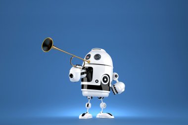 Robot altın trompet. 3D çizim. Özel bir gün ilan. Kırpma yolunu içerir