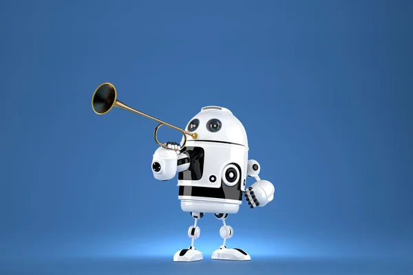 Robot with golden trumpet. 3D illustration. Proclaiming a special occasion. Contains clipping path — Stock Photo, Image