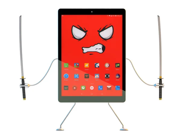 Zły charakter kreskówka Tablet mieczem katana. ilustracja 3D. Zawiera ścieżkę przycinającą — Zdjęcie stockowe