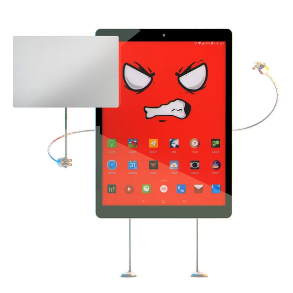 Arg Tablet seriefiguren med Tom banner. 3D illustration. Innehåller urklippsbanan — Stockfoto