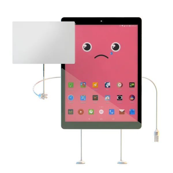 Worried Tablet cartoon character with empty white placard. 3D il