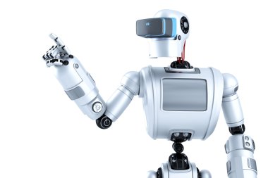 Robot bir sanal gerçeklik kask görünmez nesnede işaret içinde. İzole. Kırpma yolunu içerir