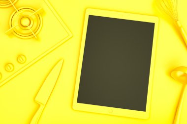 Mutfak masasında boş ekranlı tablet bilgisayar. 3d illüstrasyon.