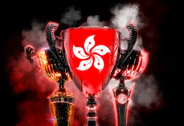 Hong Kong bayrağı ile dokulu trophy Kupası. 2D dijital illustrat — Stok fotoğraf