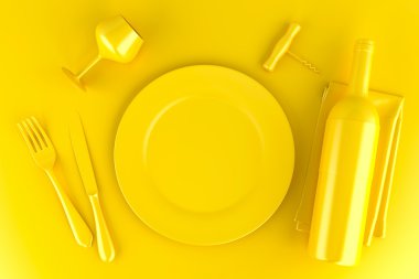 Tabak, bardak şarap, şarap şişesi ve tirbuşon Tablo ayarı.