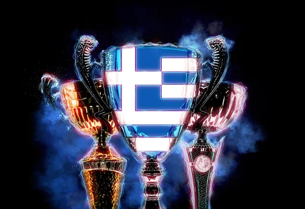 Copa de trofeos texturizada con bandera de Grecia. 2D Ilustración digital —  Fotos de Stock