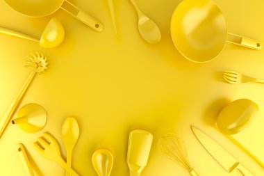 Farklı mutfak aletleri dışında yapılan çerçeve. Üstten Görünüm. 3D illustra