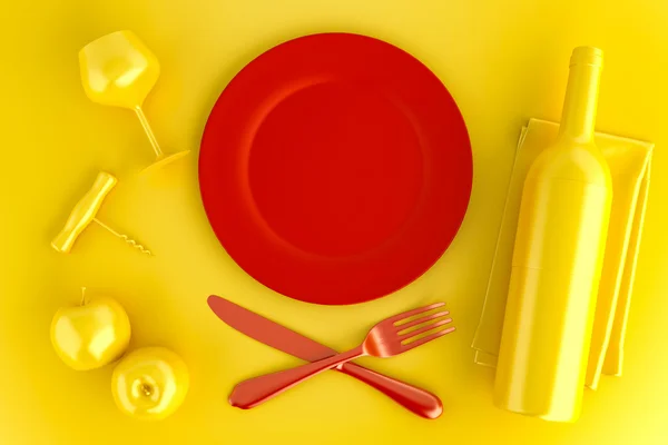 Ajuste de mesa con plato rojo vacío, vidrio y botella de vino. Arriba v — Foto de Stock