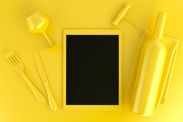 Réglage de table avec tablette, verre et bouteille de vin. Haut v — Photo