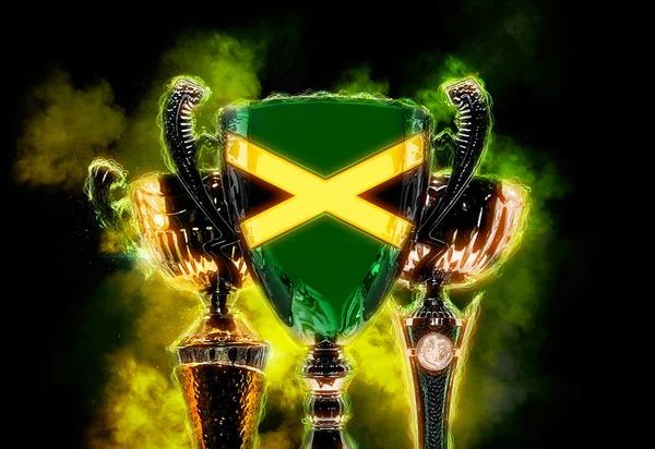 Trophy cup textured with flag of Jamaica. 2D Digital illustration.