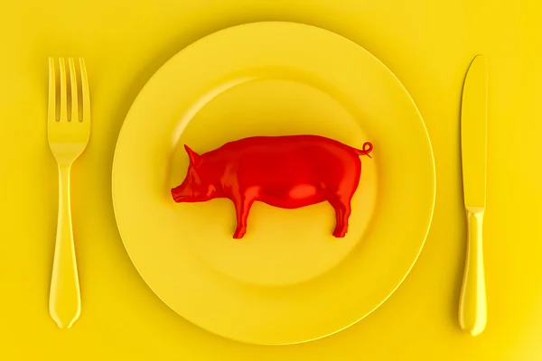 Cochon rouge sur une assiette. Concept végétarien. Illustration 3D — Photo