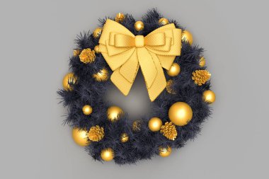 Çam kozalaklı ve fiyonklu bir Noel çelengi. 3B görüntüleme