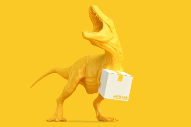 Karton paketli bir Tyrannosaurus. Teslimat hizmeti konsepti. 3B görüntüleme