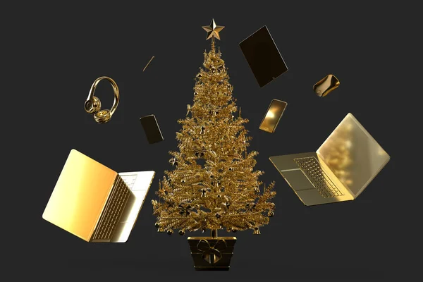 Christmas Tree Various Modern Gadgets Accessories Rendering — Stock Photo, Image