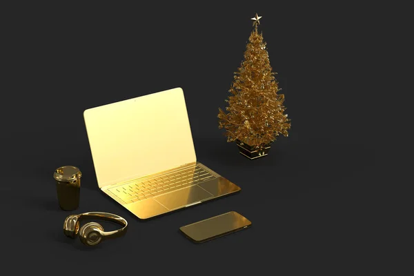 Laptop Christmas Tree Various Gadgets Rendering — Stock Photo, Image