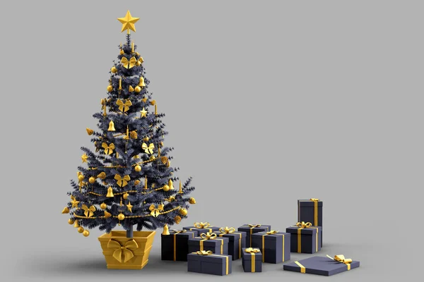 用礼品盒装饰圣诞树 3D渲染 — 图库照片