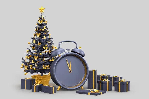 Árvore Natal Com Caixas Presente Despertador Mostra Meia Noite Renderização — Fotografia de Stock