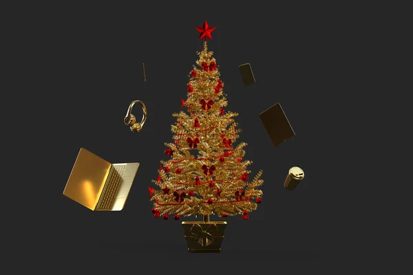 Árvore Natal Decorada Ouro Com Vários Gadgets Renderização — Fotografia de Stock