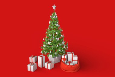 Hediye kutularıyla Noel ağacı. 3B görüntüleme