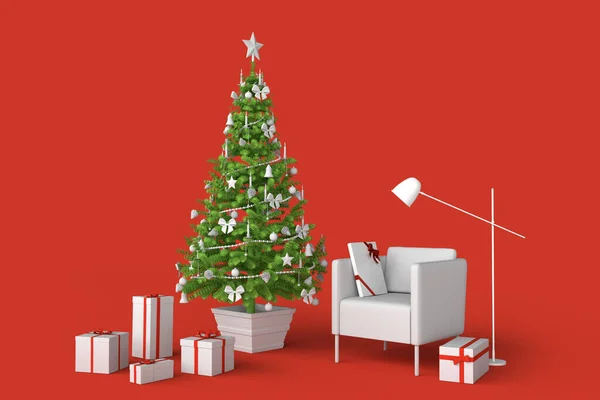 装飾されたクリスマスツリーと部屋のインテリア 3Dレンダリング — ストック写真
