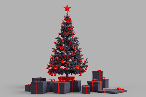 Árvore Natal Decorada Com Caixas Presente Renderização — Fotografia de Stock