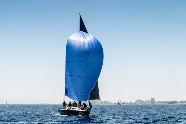 Barco Desportivo Com Uma Vela Azul Regata — Fotografia de Stock