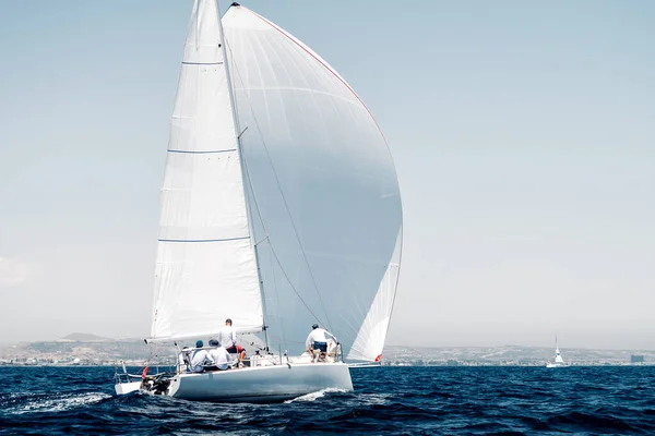 Sportboot Mit Weißem Segel Auf Regatta Rückansicht — Stockfoto