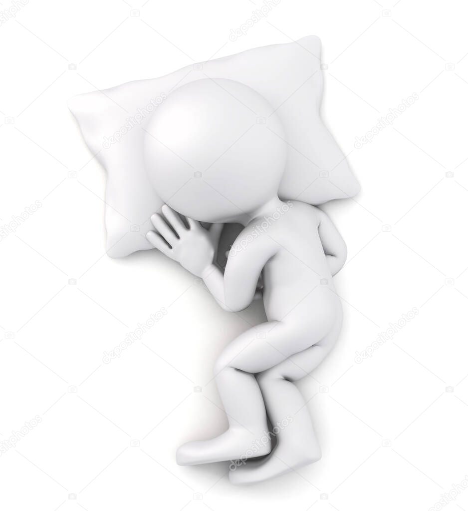 3D Man lying asleep with white pillow. 3D illustration. Isolated. Contains clipping path