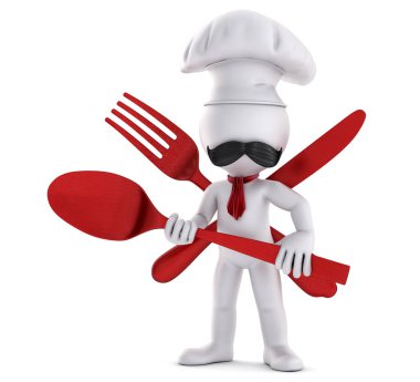 Kaşıklı 3 boyutlu şef. Üç boyutlu illüstrasyon. İzole edilmiş