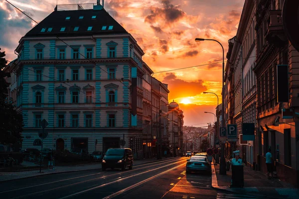 Calle Ciudad Anochecer Praga República Checa —  Fotos de Stock