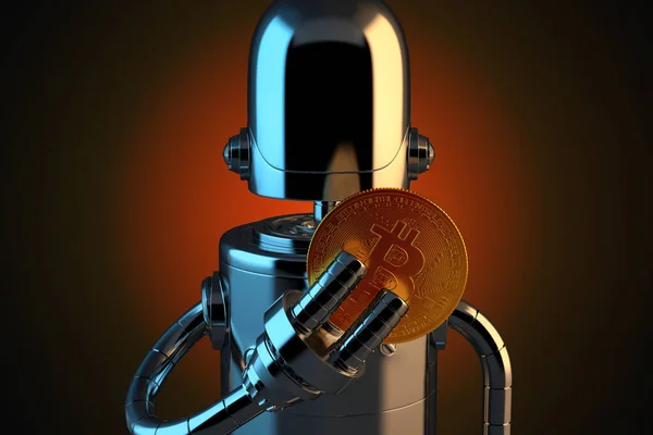 Roboter Hält Bitcoin Münze Den Fingern Illustration — Stockfoto