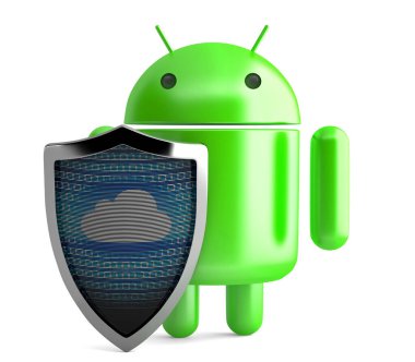Kalkanlı Android Robot. Bulut Ağı Konsepti. Üç boyutlu illüstrasyon. İzole edilmiş. İllüstrasyon başyazısı. 15 Temmuz 2021