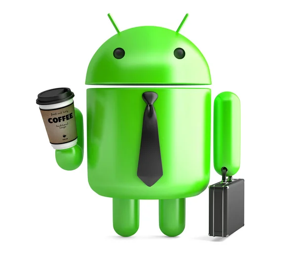 Android Med Kaffe Och Portfölj Illustration Isolerad Illustrativ Ledare Juli — Stockfoto