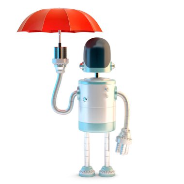 Şemsiyeli robot. Üç boyutlu illüstrasyon. Beyazda izole edilmiş