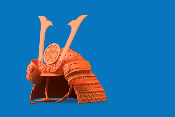 Pink Samurai helmet on blue background. 3D illustration