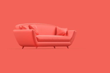 Kırmızı arka planda modern kırmızı kanepe. 3B Hazırlama