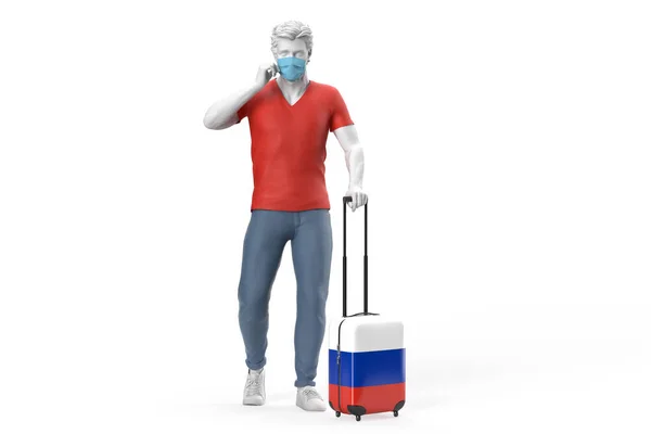 顔のマスクを身に着けている男はロシアの旗でスーツケーステクスチャを引っ張る 3Dイラスト — ストック写真