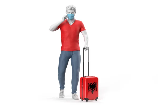 Man Wearing Face Mask Pulls Suitcase Textured Flag Albania Illustration — Stock Photo, Image