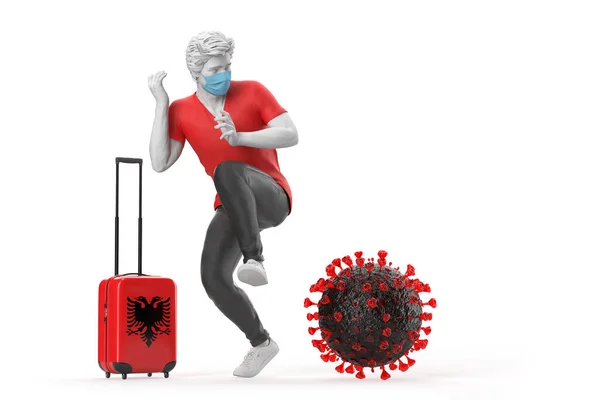 Turisti Matkustaa Albaniaan Peläten Virusmolekyyliä Pandemian Käsite Renderointi — kuvapankkivalokuva