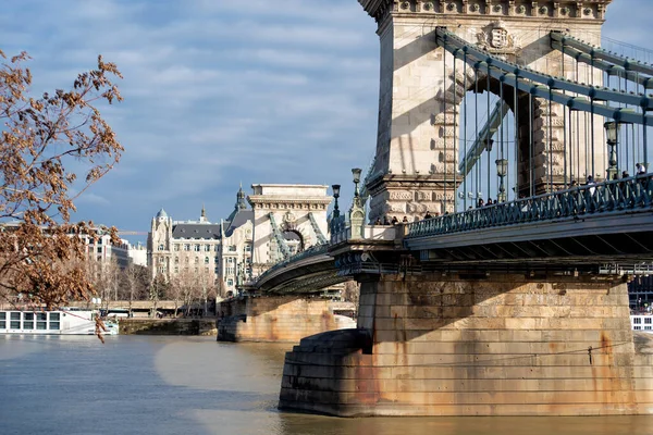 Puente Colgante Cadena Szechenyi Sobre Río Danubio Budapest Hungría — Foto de Stock