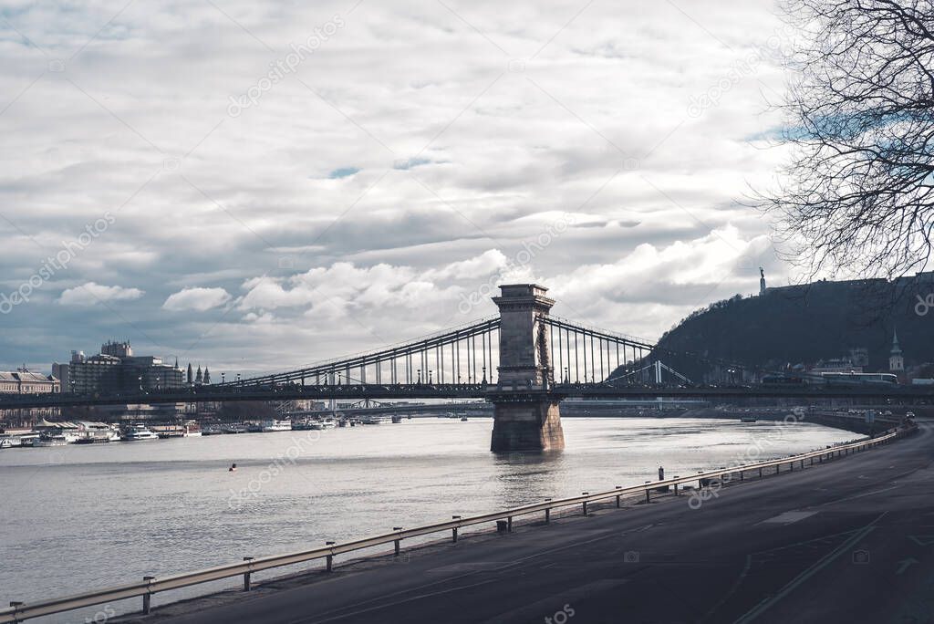 Famous Szechenyi Chain Bridge. Budapest, Hungary