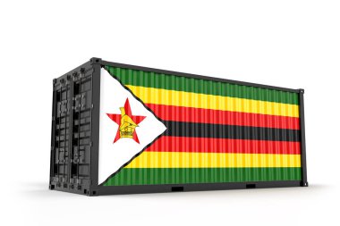 Zimbabve Bayrağı desenli gerçekçi bir nakliye konteynırı. İzole edilmiş. 3B Hazırlama