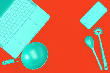 Laptop ve çatal bıçaklarla mutfak masası manzarası. 3B illüstrasyon