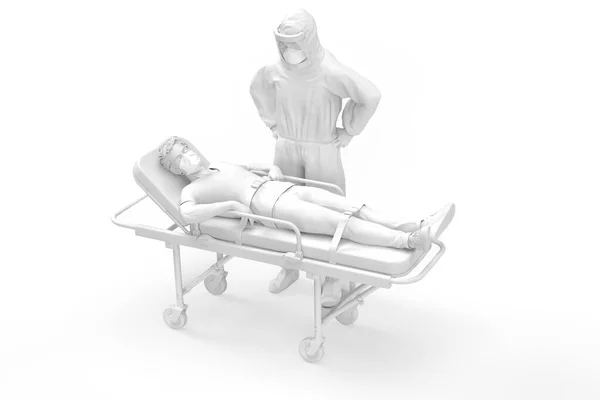 保護スイートとガーニーの患者における救急車 3Dイラスト — ストック写真