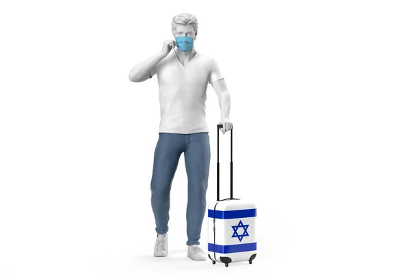 Man Wearing Face Mask Pulls Suitcase Textured Flag Israel Illustration — Stock Photo, Image