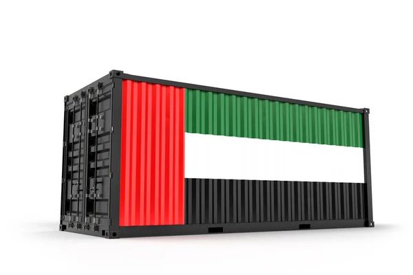 Реалистичный Грузовой Контейнер Текстурой Флагом Объединенных Арабских Эмиратов Изолирована Рендеринг — стоковое фото