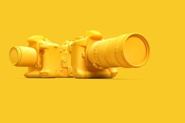 Sarı Arka Planda Var Olmayan Dslr Kameralar Grubu Hazırlama — Stok fotoğraf