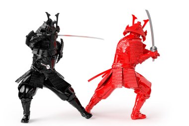 Siyah ve Kızıl samuray savaşçılarıyla savaşıyor. İzole edilmiş. 3B Hazırlama
