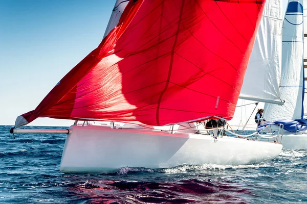 Zeilrace Keelboot Met Rode Gennaker — Stockfoto